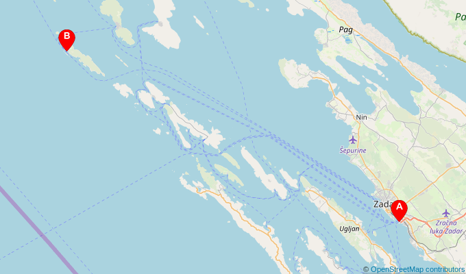 Map of ferry route between Zadar and Premuda